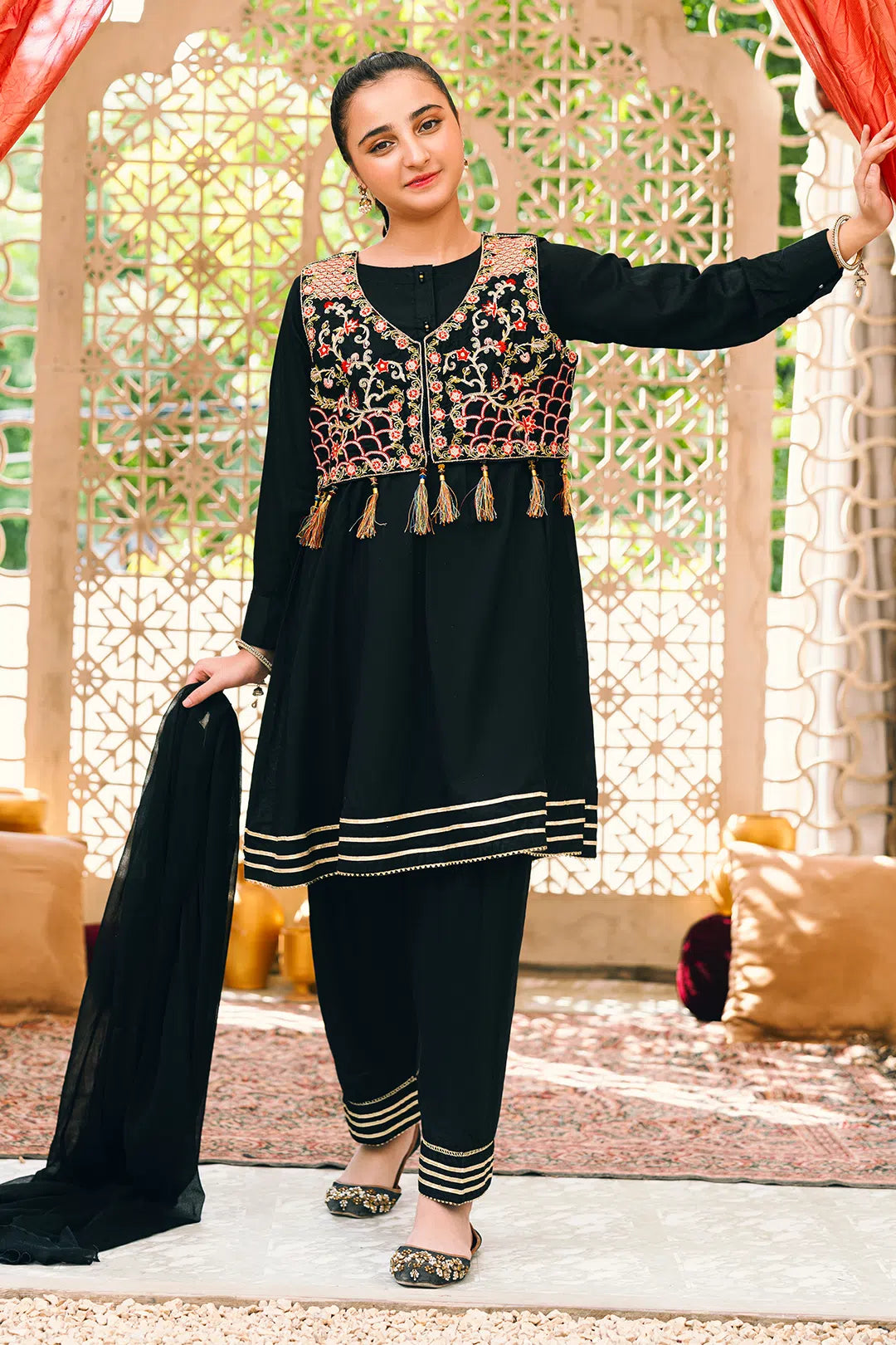 3 Piece Blackish Blue Frock with Embroidered Kotti & Trouser SFC-185