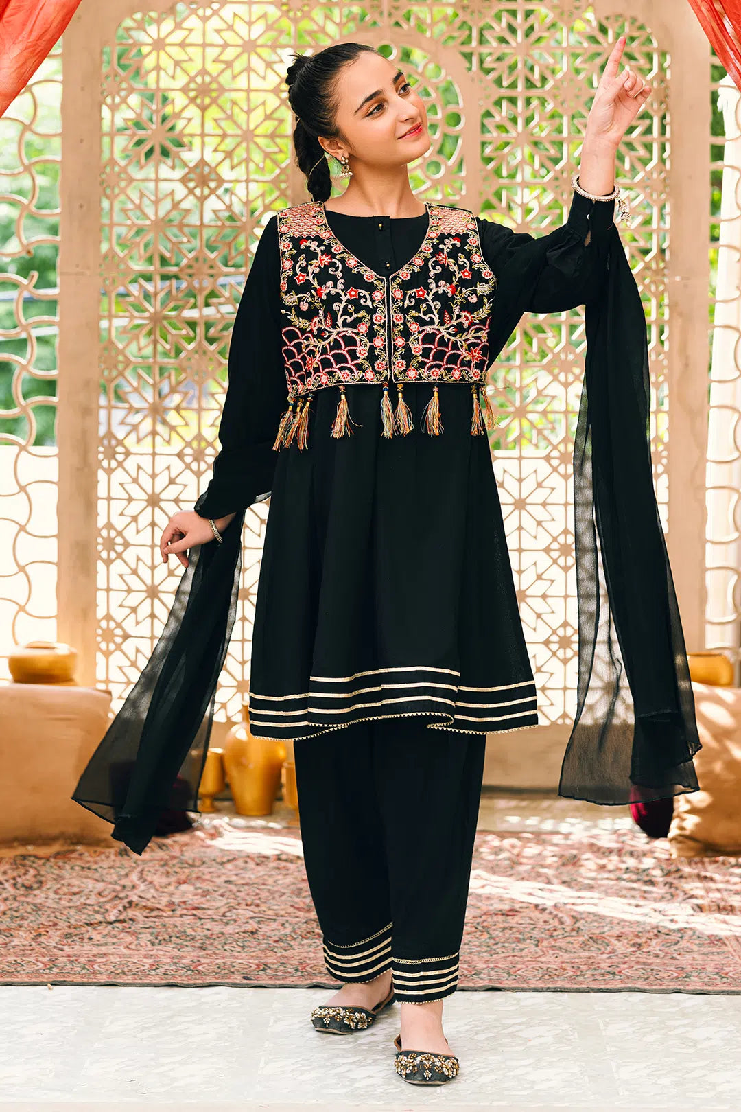 3 Piece Blackish Blue Frock with Embroidered Kotti & Trouser SFC-185