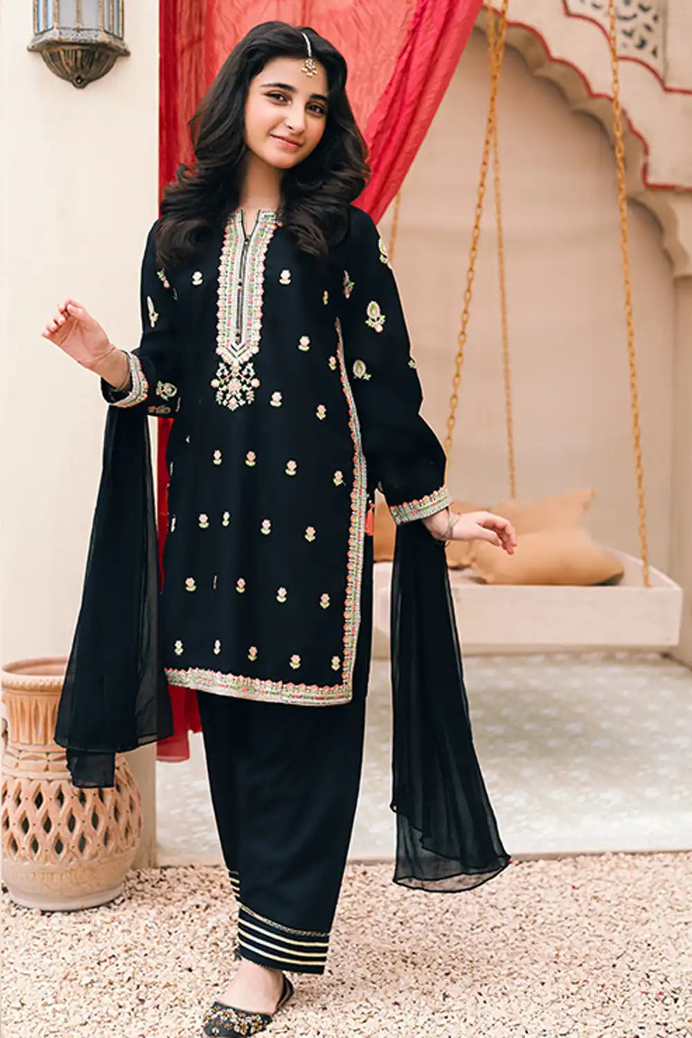 3 Piece Suit Black Embroidered with Chiffon Dupatta SFC-187