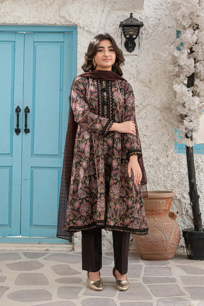 Dark Brown Embroidered Cotton Lawn Panel Frock 3 Piece Suit T-ALP-EMB-019