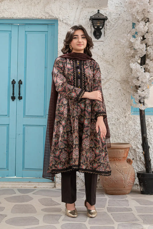Dark Brown Embroidered Cotton Lawn Panel Frock 3 Piece Suit T-ALP-EMB-019