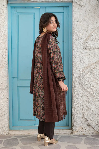 Dark Brown Embroidered Cotton Lawn Panel Frock 3 Piece Suit T-ALP-EMB-019