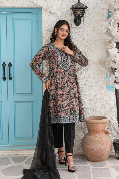 Black Embroidered Cotton Lawn Short Frock 3 Piece Suit T-ALP-EMB-021