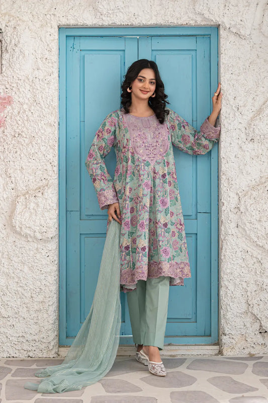 Mint Green Embroidered Cotton Lawn Panel Frock 3 Piece Suit T-ALP-EMB-022