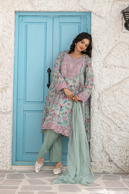 Mint Green Embroidered Cotton Lawn Panel Frock 3 Piece Suit T-ALP-EMB-022