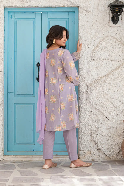 Lilac Embroidered Cotton Lawn Tunic Trouser 3 Piece Set T-ALP-EMB-023