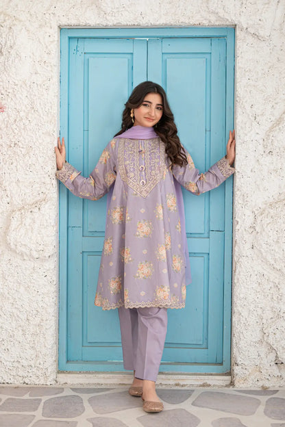 Lilac Embroidered Cotton Lawn Tunic Trouser 3 Piece Set T-ALP-EMB-023