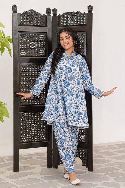 White Blue Printed Cotton Lawn Panel Tunic Shalwar 2 Piece Set T-ALP-S26-013