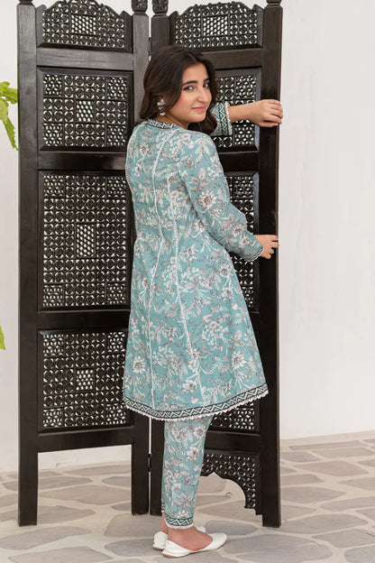 Soft Seafoam Printed Cotton Lawn Tail Top Trouser 2 Piece Set T-ALP-S26-014
