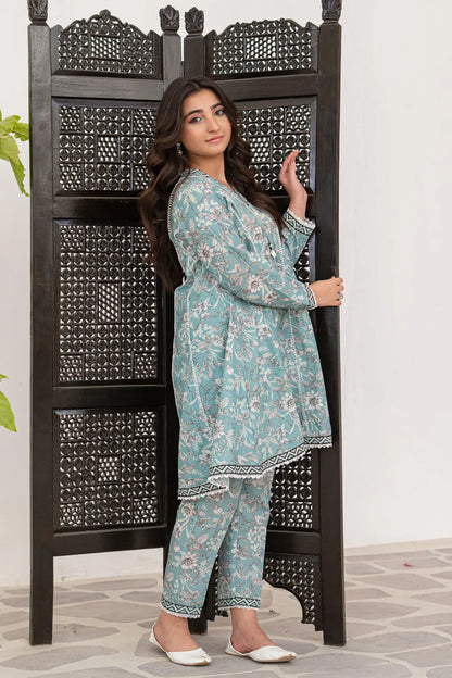 Soft Seafoam Printed Cotton Lawn Tail Top Trouser 2 Piece Set T-ALP-S26-014