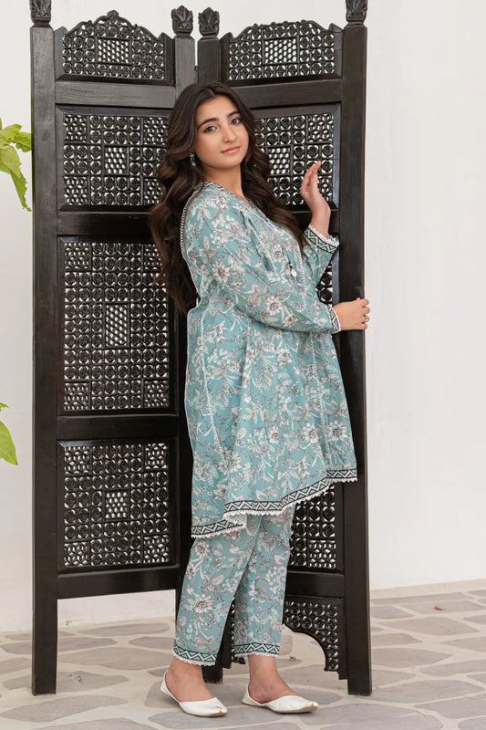 Soft Seafoam Printed Cotton Lawn Tail Top Trouser 2 Piece Set T-ALP-S26-014
