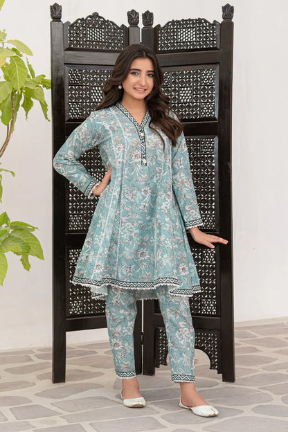 Soft Seafoam Printed Cotton Lawn Tail Top Trouser 2 Piece Set T-ALP-S26-014