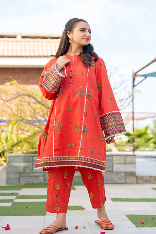 2 Piece Suit Lawn Dress Table Print Frock with Trouser T-ALPRTW-028