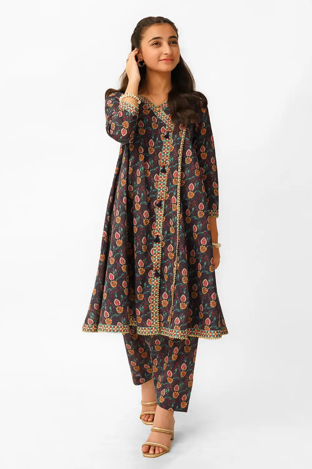 2 Piece Suit Printed Angrakha Style Frock with Shalwar T-ALPRTW-034