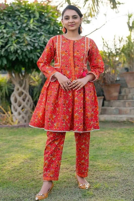 2 Piece Dress Table Print Frock with Straight Trouser T-ALPRTW-036