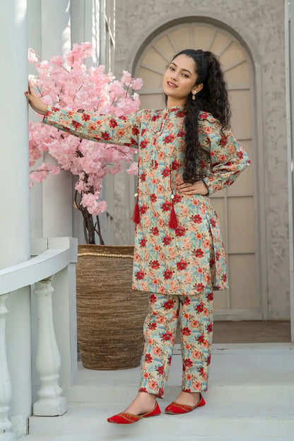 3 Piece Suit Beige Multi Digital Printed Co-ord Set Winter T-CK-004