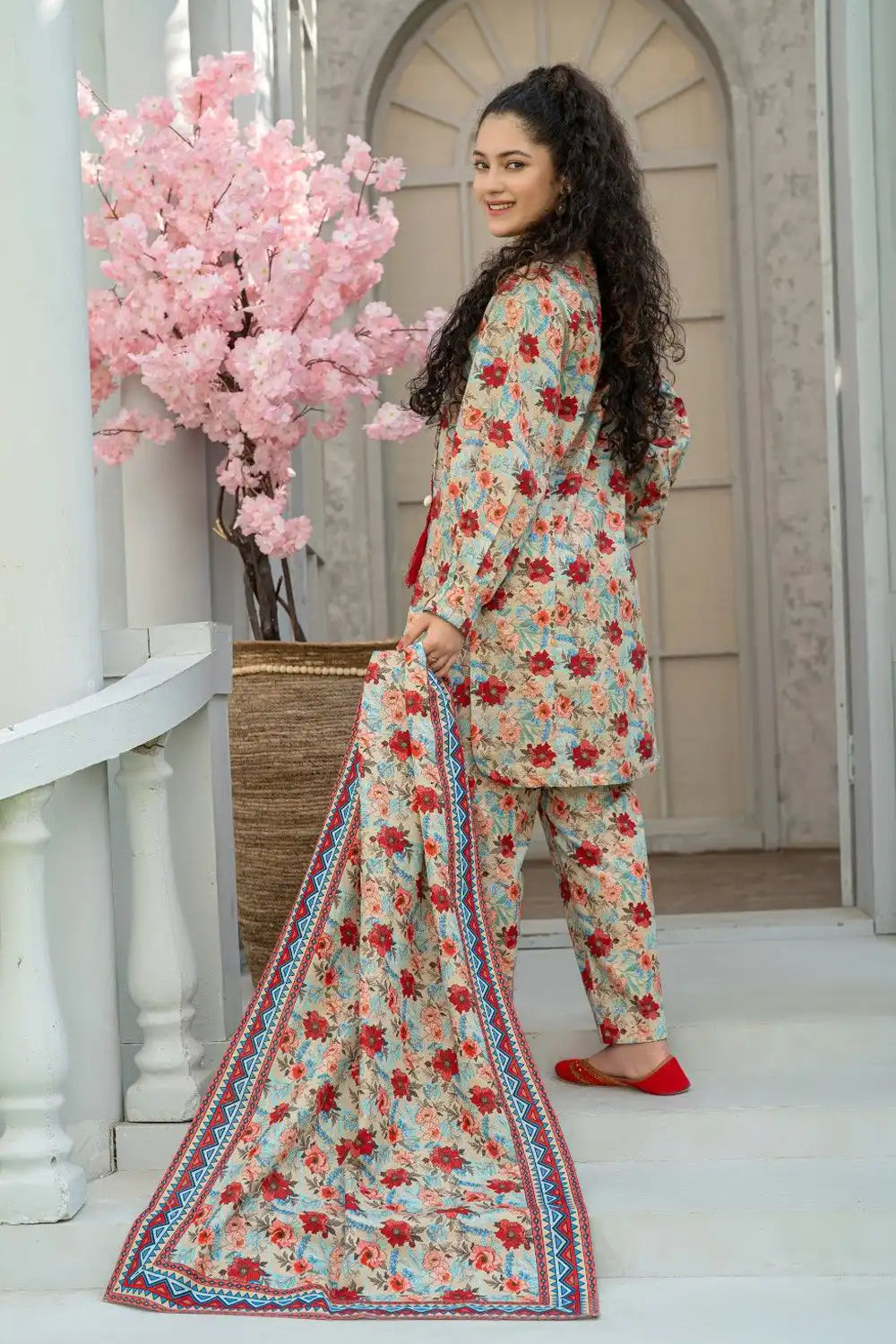 3 Piece Suit Beige Multi Digital Printed Co-ord Set Winter T-CK-004