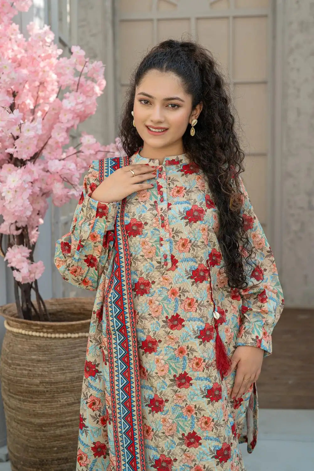 3 Piece Suit Beige Multi Digital Printed Co-ord Set Winter T-CK-004