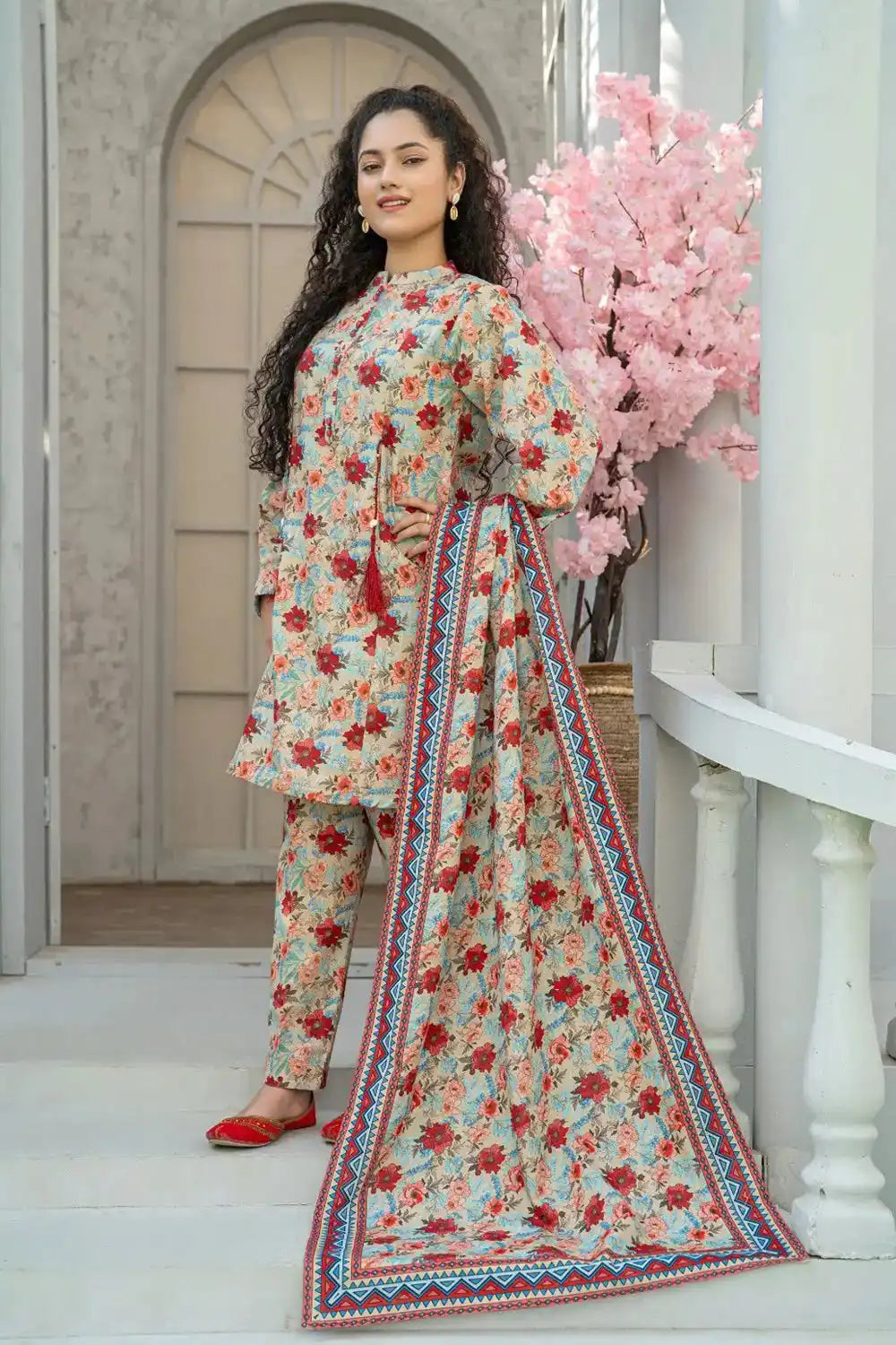 3 Piece Suit Beige Multi Digital Printed Co-ord Set Winter T-CK-004