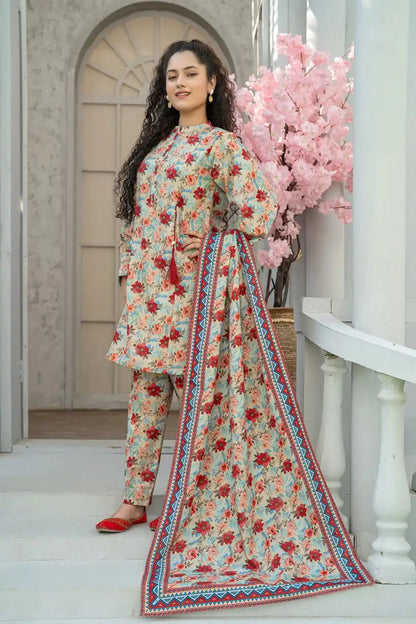 3 Piece Suit Beige Multi Digital Printed Co-ord Set Winter T-CK-004