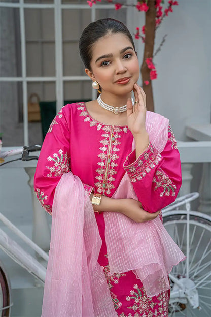 3 Piece Embroidered Cambric Suit with Table Print T-EMB-001