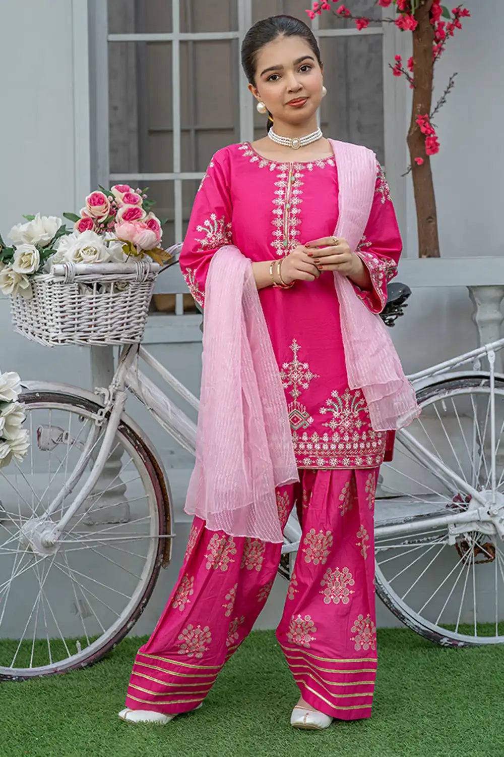 3 Piece Embroidered Cambric Suit with Table Print T-EMB-001