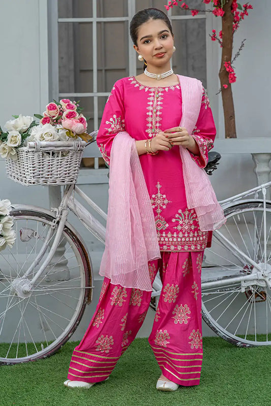 3 Piece Embroidered Cambric Suit with Table Print T-EMB-001