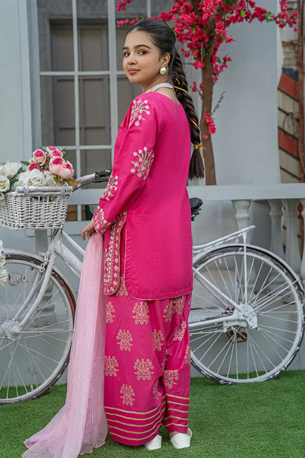 3 Piece Embroidered Cambric Suit with Table Print T-EMB-001