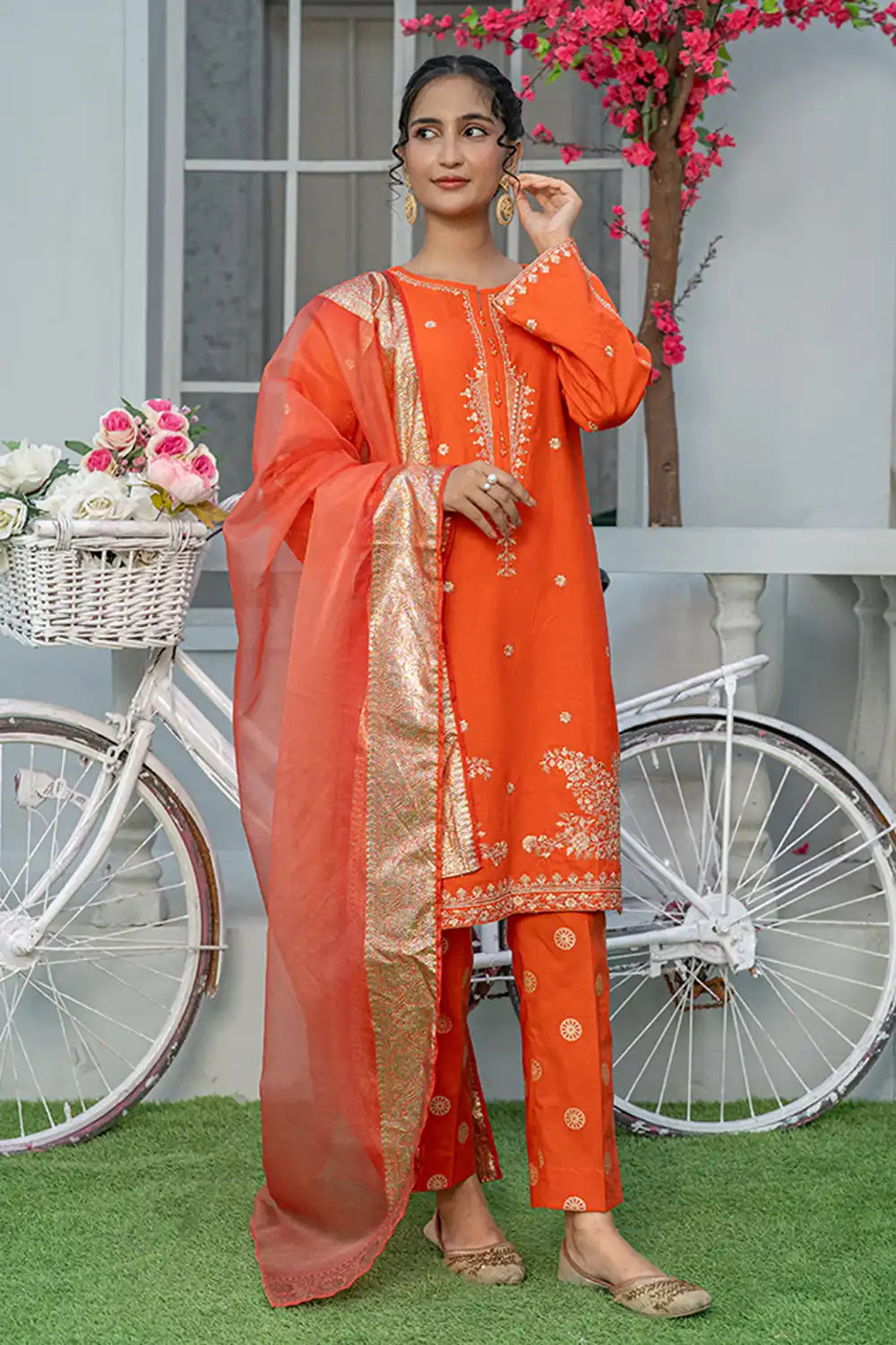 3 Piece Embroidered Cambric Suit with Table Print Orange T-EMB-003