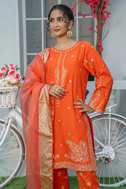 3 Piece Embroidered Cambric Suit with Table Print Orange T-EMB-003