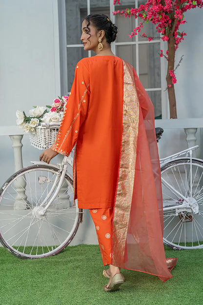 3 Piece Embroidered Cambric Suit with Table Print Orange T-EMB-003