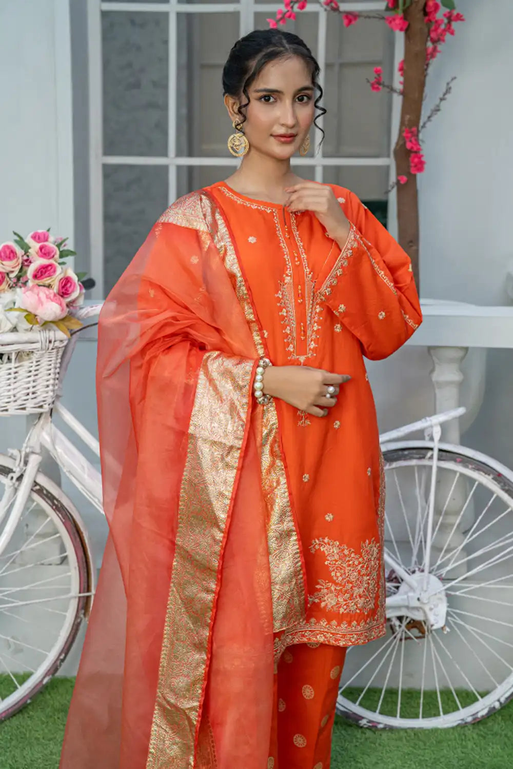 3 Piece Embroidered Cambric Suit with Table Print Orange T-EMB-003
