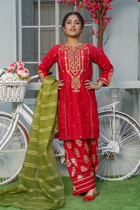 3 Piece Embroidered Cambric Suit with Table Print Red T-EMB-004