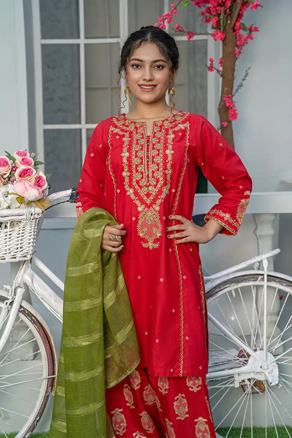 3 Piece Embroidered Cambric Suit with Table Print Red T-EMB-004