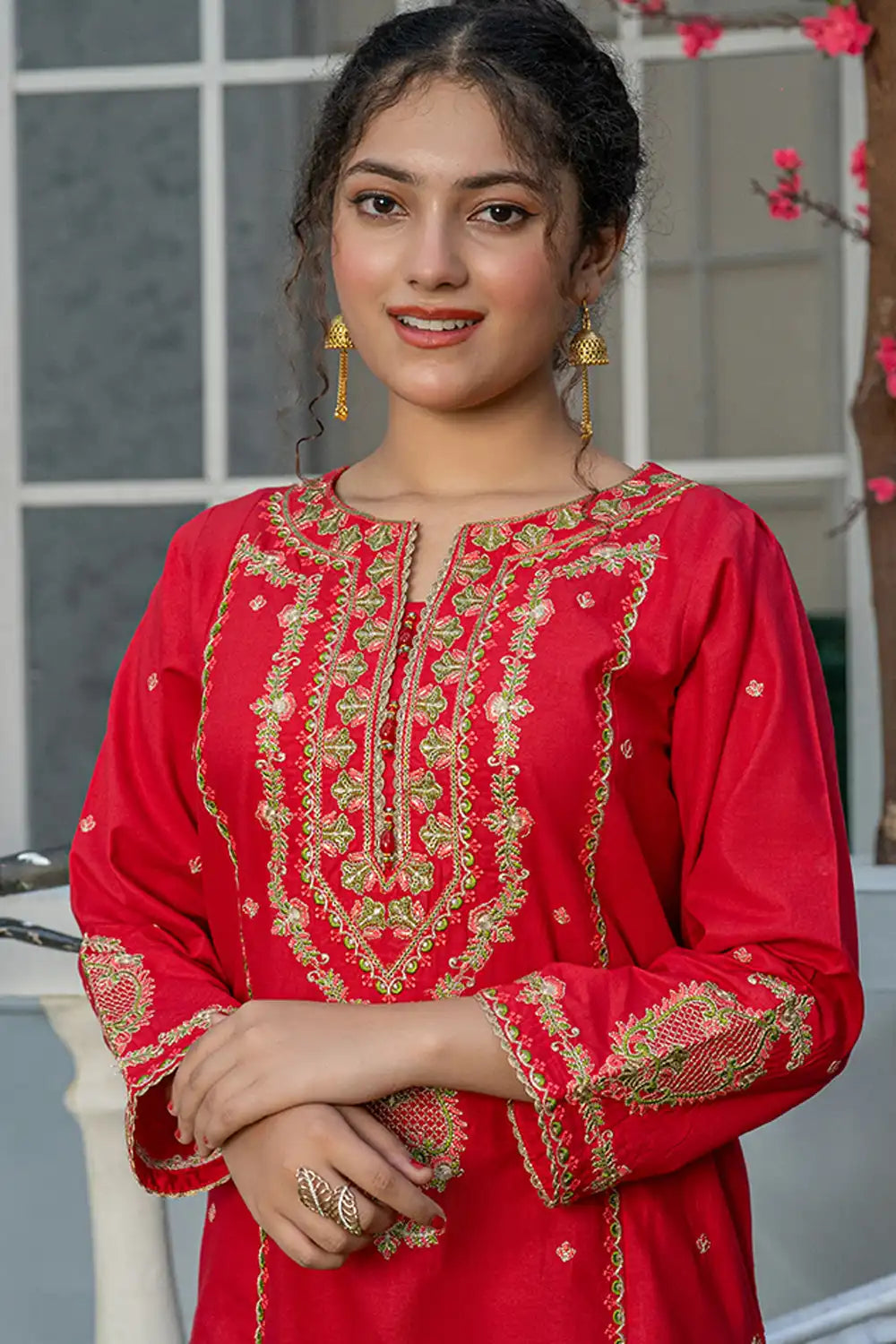 3 Piece Embroidered Cambric Suit with Table Print Red T-EMB-004