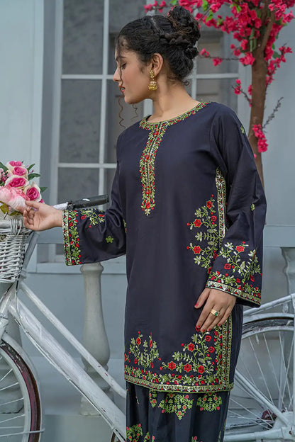 3 Piece Black Embroidered Suit with Table Printed Shalwar T-EMB-006