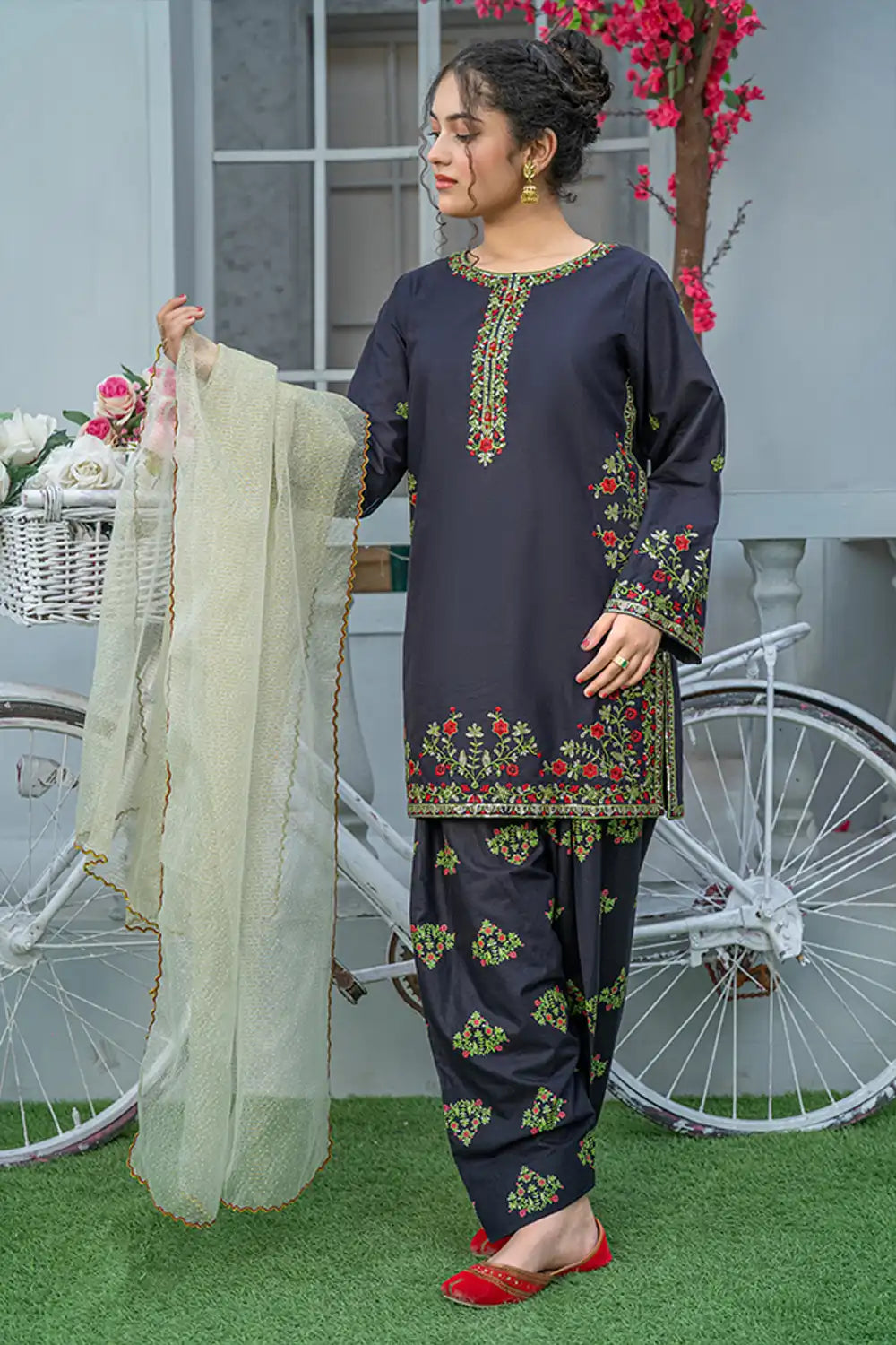 3 Piece Black Embroidered Suit with Table Printed Shalwar T-EMB-006