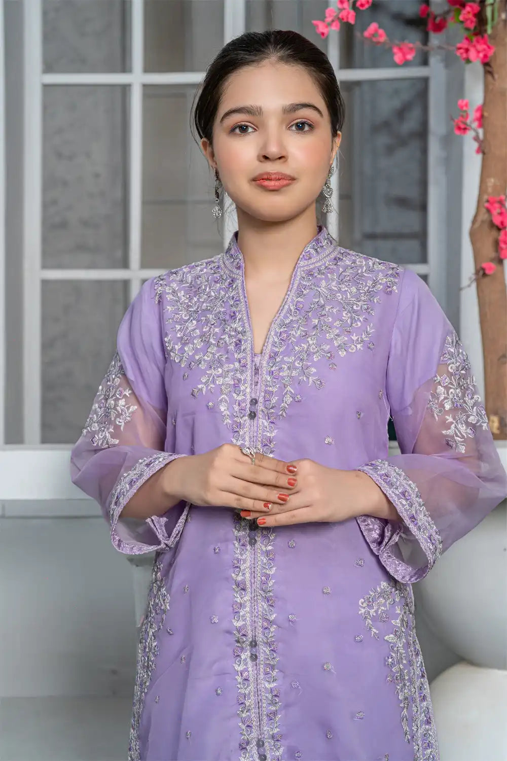 3 Piece Shirt with Banarsi Trouser Pale Lilac Embroidered T-FORT-001