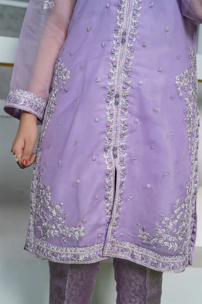3 Piece Shirt with Banarsi Trouser Pale Lilac Embroidered T-FORT-001