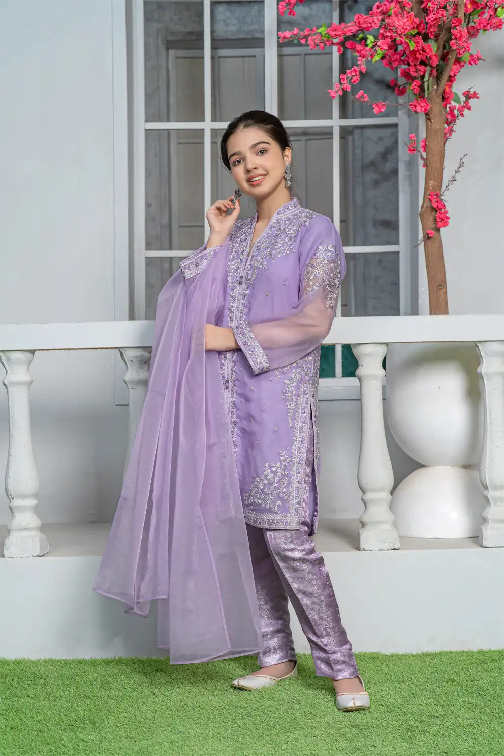 3 Piece Shirt with Banarsi Trouser Pale Lilac Embroidered T-FORT-001