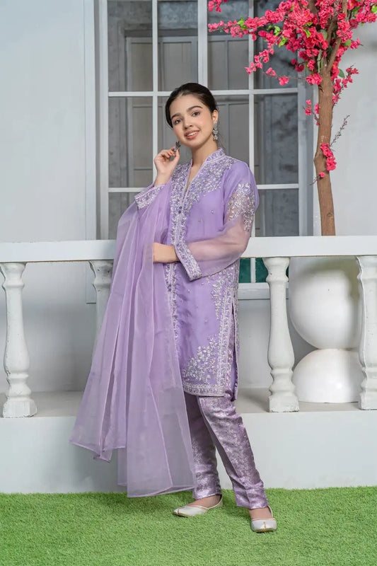 3 Piece Shirt with Banarsi Trouser Pale Lilac Embroidered T-FORT-001