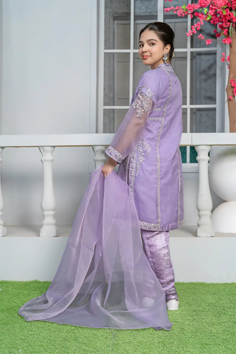 3 Piece Shirt with Banarsi Trouser Pale Lilac Embroidered T-FORT-001