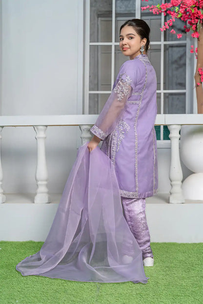 3 Piece Shirt with Banarsi Trouser Pale Lilac Embroidered T-FORT-001