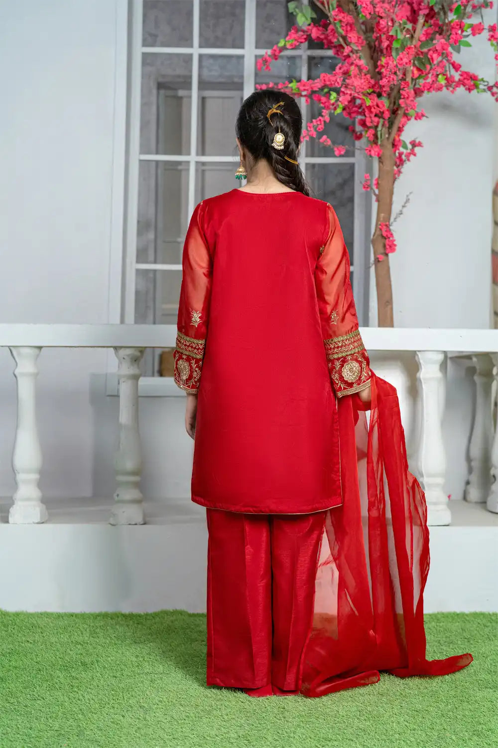 3 Piece Red Embroidered Organza Shirt with Elegant Trouser T-FORT-002