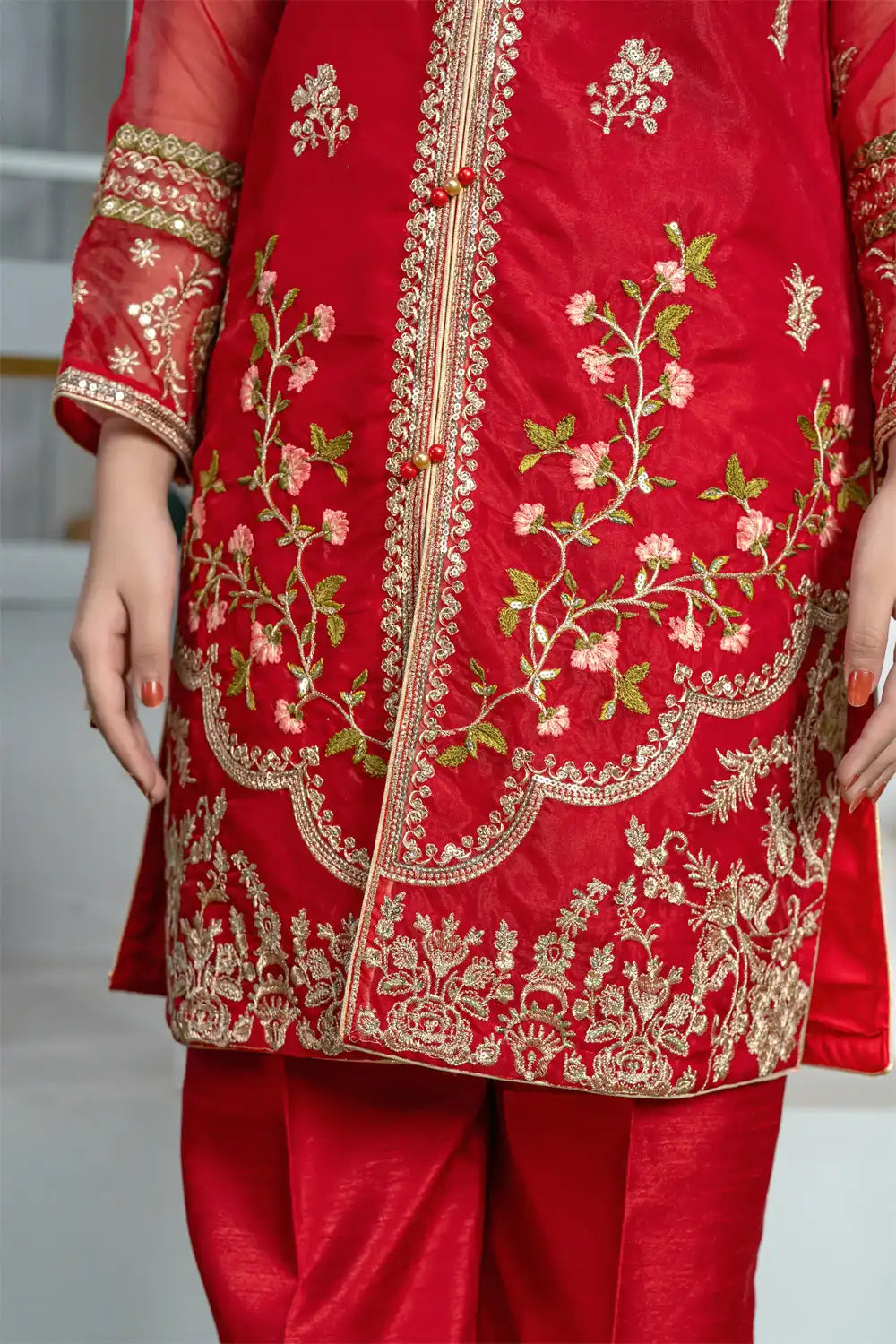 3 Piece Red Embroidered Organza Shirt with Elegant Trouser T-FORT-002