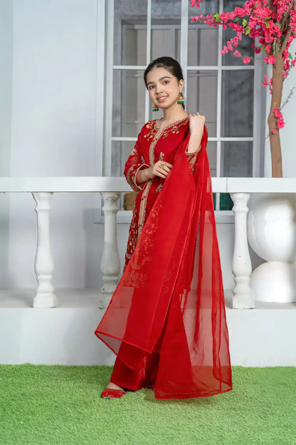 3 Piece Red Embroidered Organza Shirt with Elegant Trouser T-FORT-002