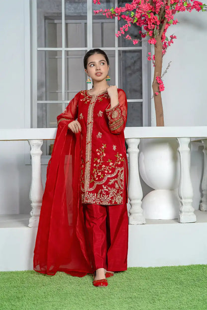 3 Piece Red Embroidered Organza Shirt with Elegant Trouser T-FORT-002