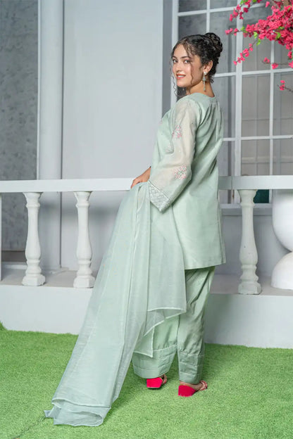3 Piece Shirt with Farshi Shalwar Mint Green Embroidered T-FORT-005