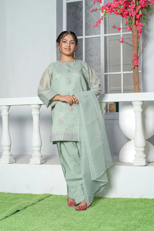 3 Piece Shirt with Farshi Shalwar Mint Green Embroidered T-FORT-005