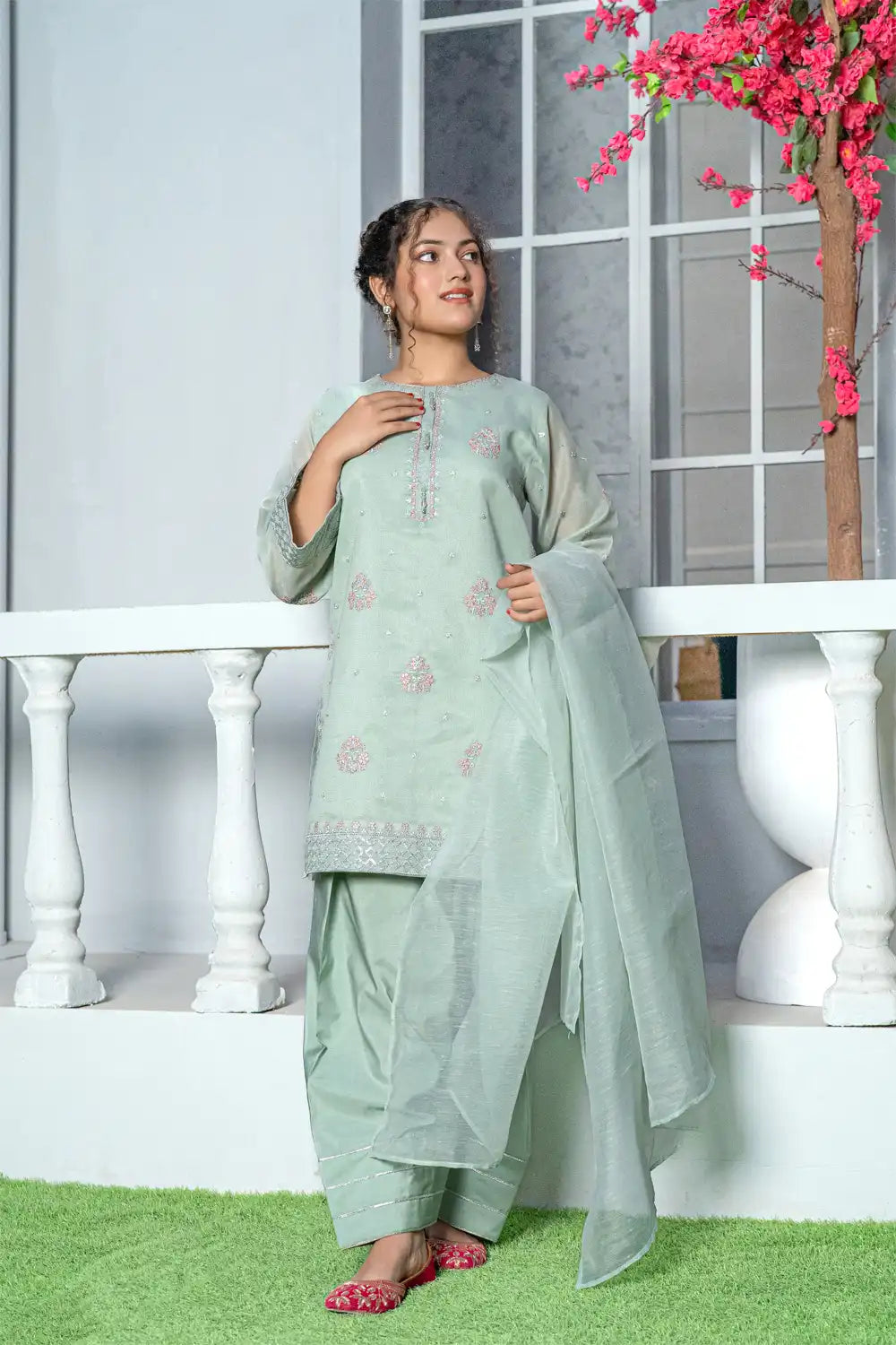 3 Piece Shirt with Farshi Shalwar Mint Green Embroidered T-FORT-005